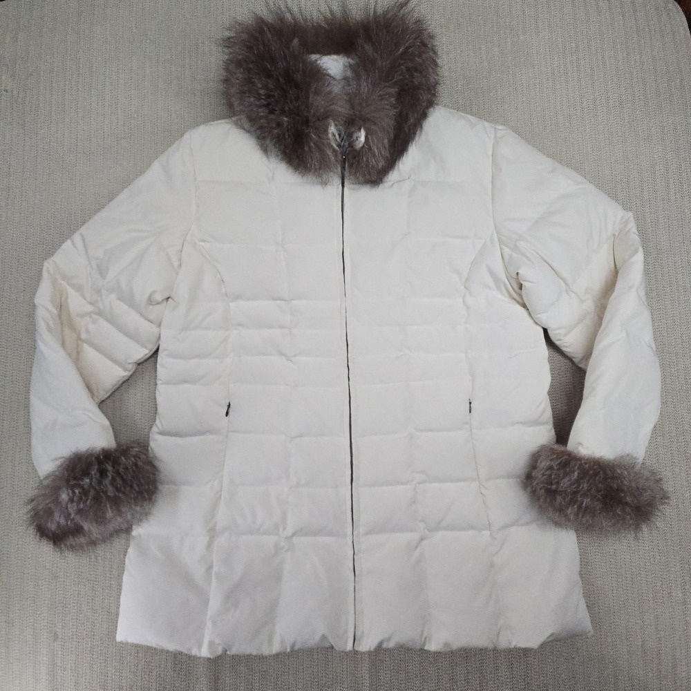 Marvin Richards Coat Womens XL White Down Puffer Fox Fur Zip Pockets Mid Length
